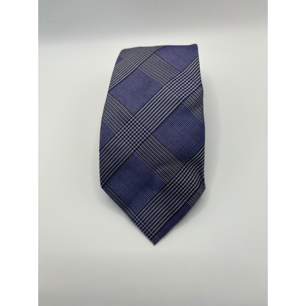Murano Mens Purple Blue Plaid Silk Blend Hand Finished Necktie Tie